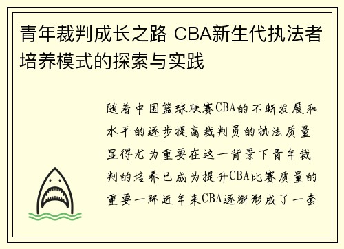 青年裁判成长之路 CBA新生代执法者培养模式的探索与实践