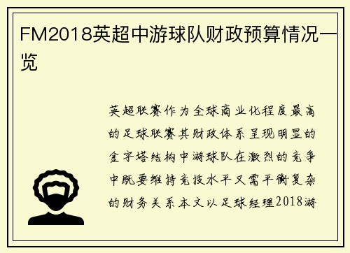 FM2018英超中游球队财政预算情况一览