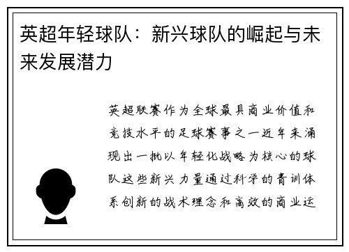 英超年轻球队：新兴球队的崛起与未来发展潜力