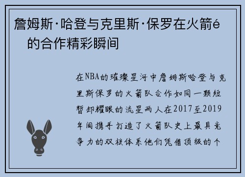 詹姆斯·哈登与克里斯·保罗在火箭队的合作精彩瞬间